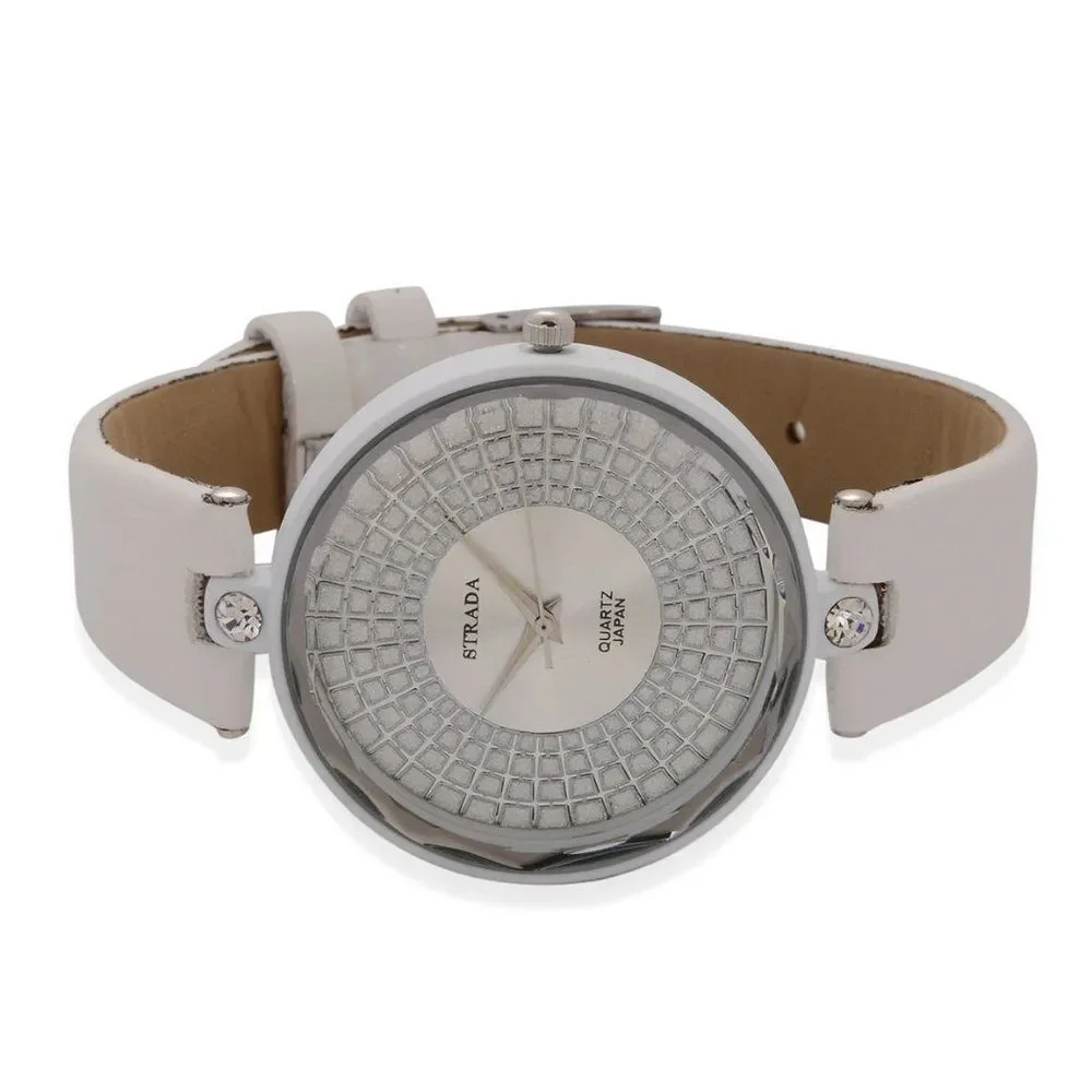 STRADA Watch Austrian Crystal Faux White Leather